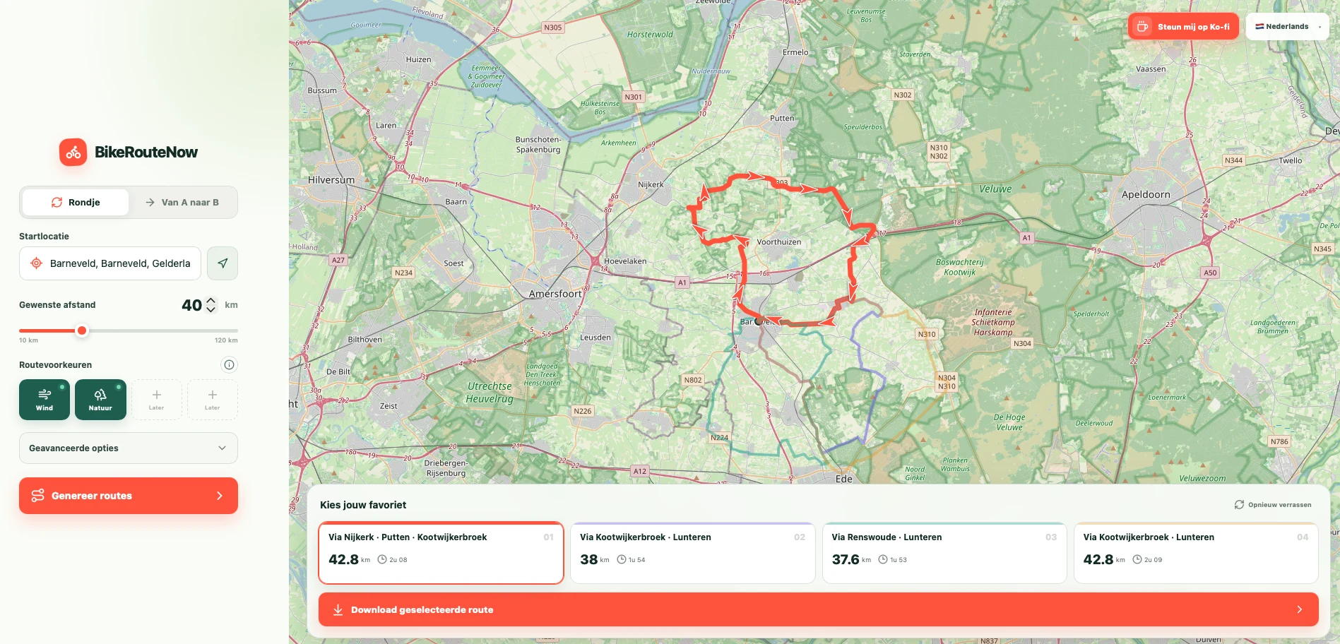 Example of BikeRouteNow showing a generated cycling route on the map